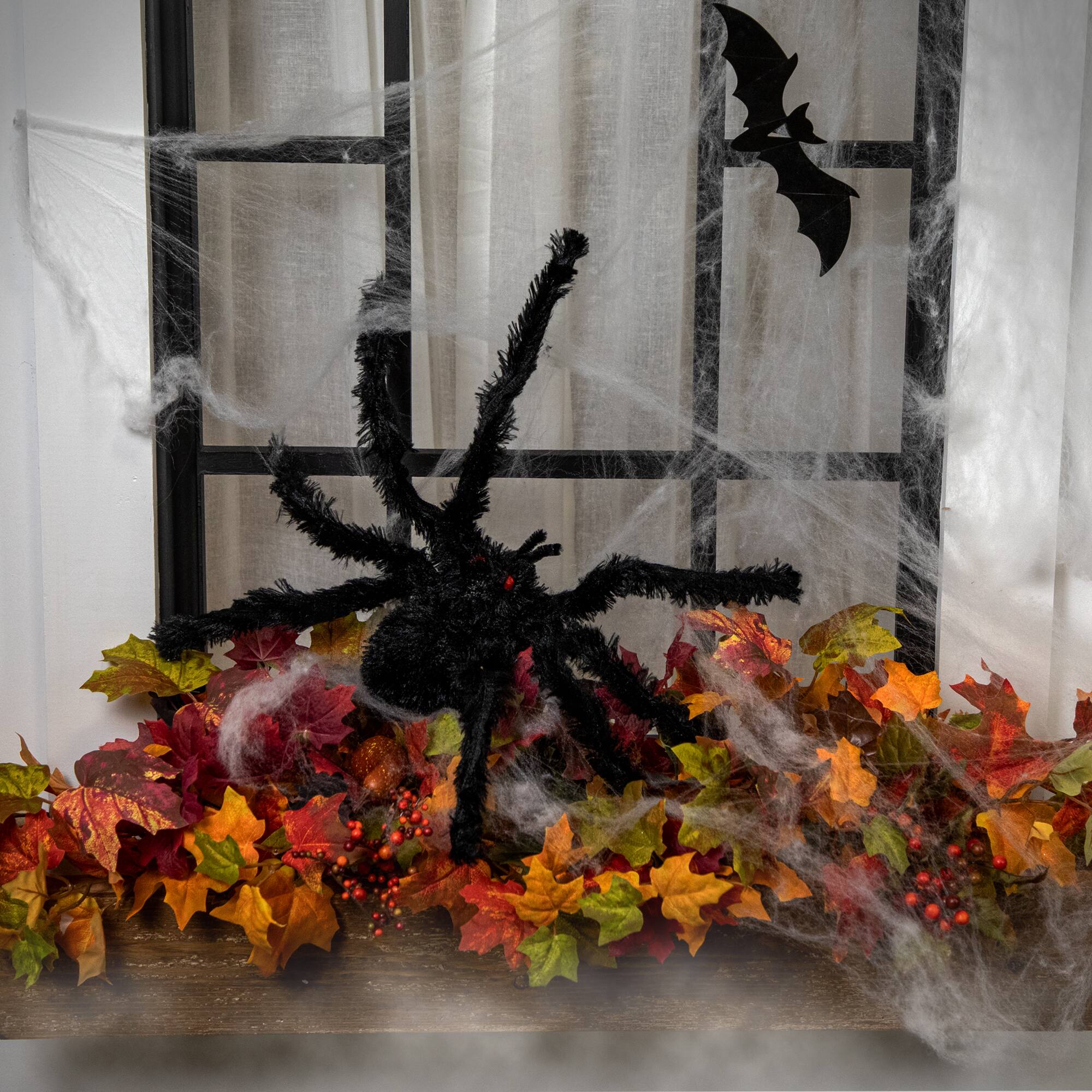 24" Black Fuzzy Spooky Spider with Red Eyes Halloween Table Top Decoration